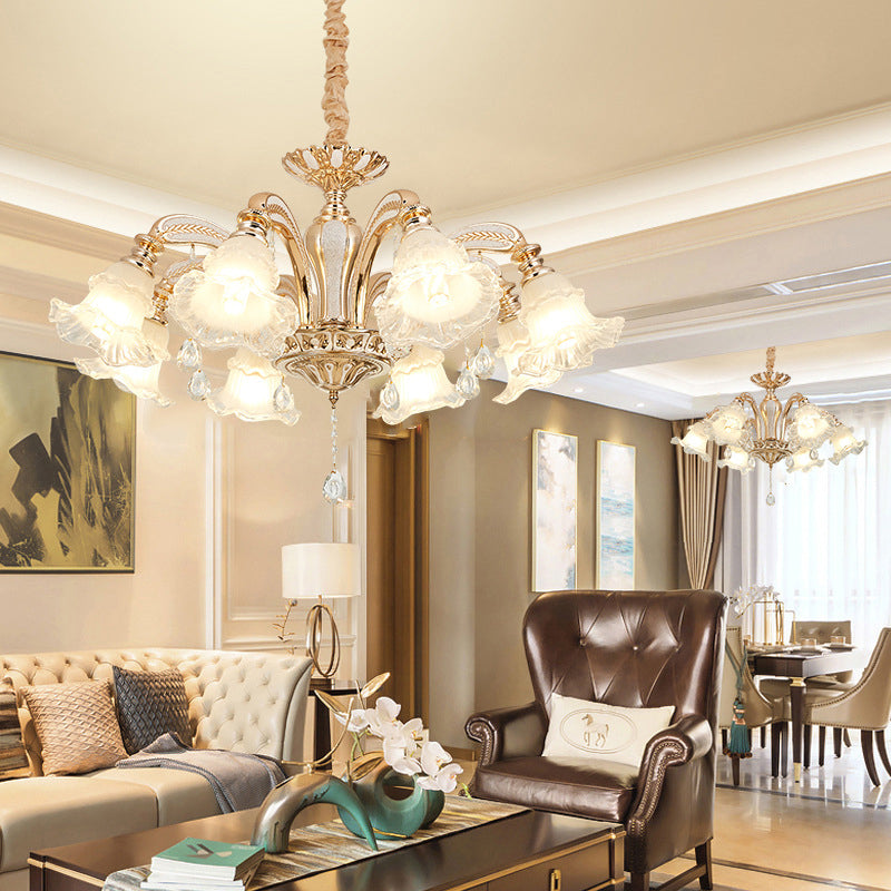 Flared Living Room Chandelier Lighting Classic Ruffle Glass Gold Pendant Light with Crystal Accent 8 Gold Clearhalo 'Ceiling Lights' 'Chandeliers' Lighting' options 2205012_f7357c6c-1178-4d2b-92d2-ce8ea0d10dd2