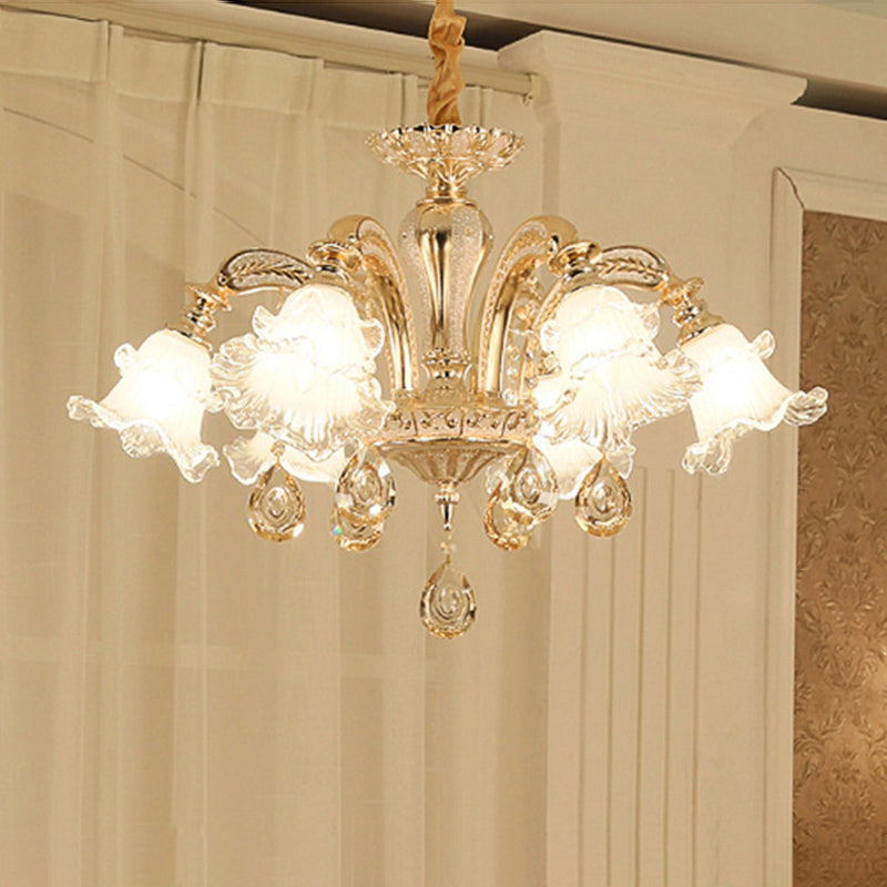 Flared Living Room Chandelier Lighting Classic Ruffle Glass Gold Pendant Light with Crystal Accent Clearhalo 'Ceiling Lights' 'Chandeliers' Lighting' options 2205013