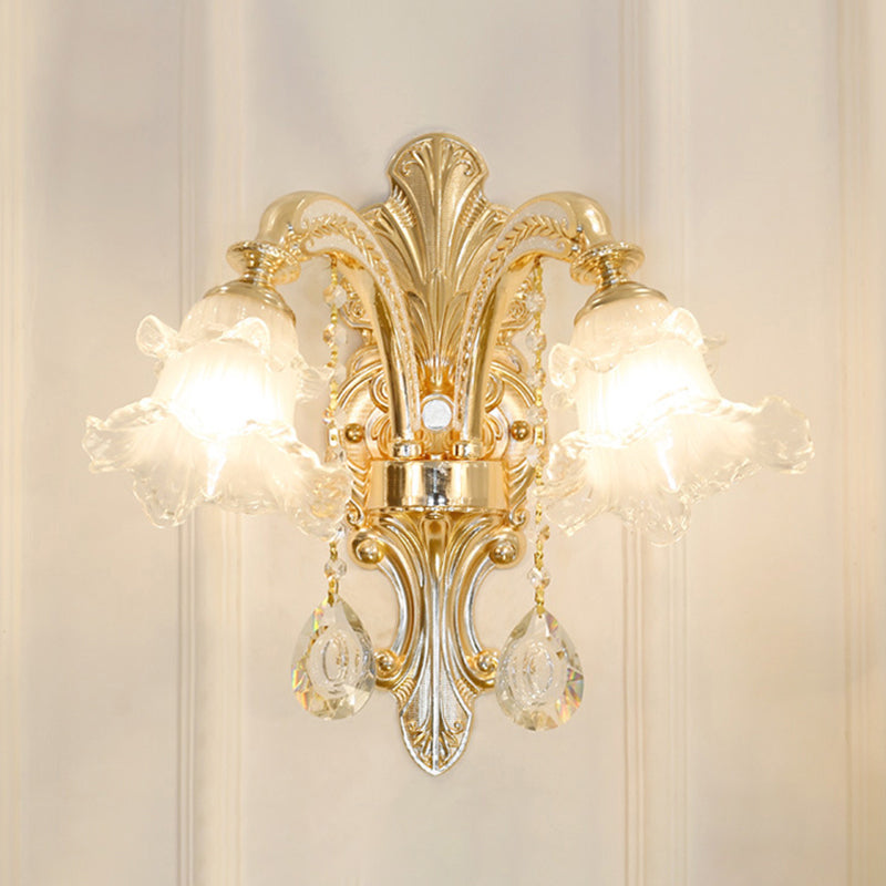 Flared Living Room Chandelier Lighting Classic Ruffle Glass Gold Pendant Light with Crystal Accent Clearhalo 'Ceiling Lights' 'Chandeliers' Lighting' options 2205014