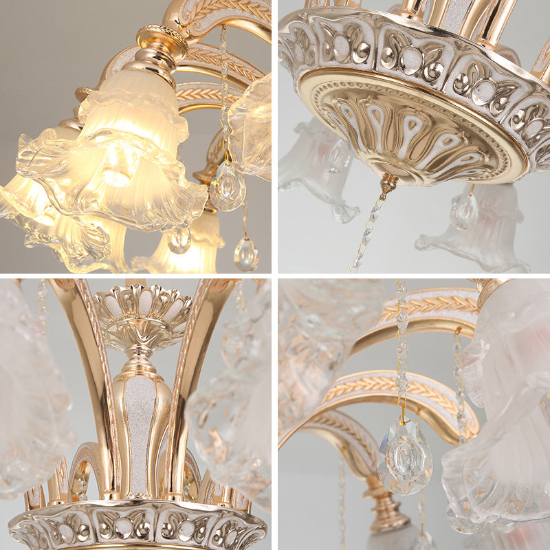 Flared Living Room Chandelier Lighting Classic Ruffle Glass Gold Pendant Light with Crystal Accent Clearhalo 'Ceiling Lights' 'Chandeliers' Lighting' options 2205016