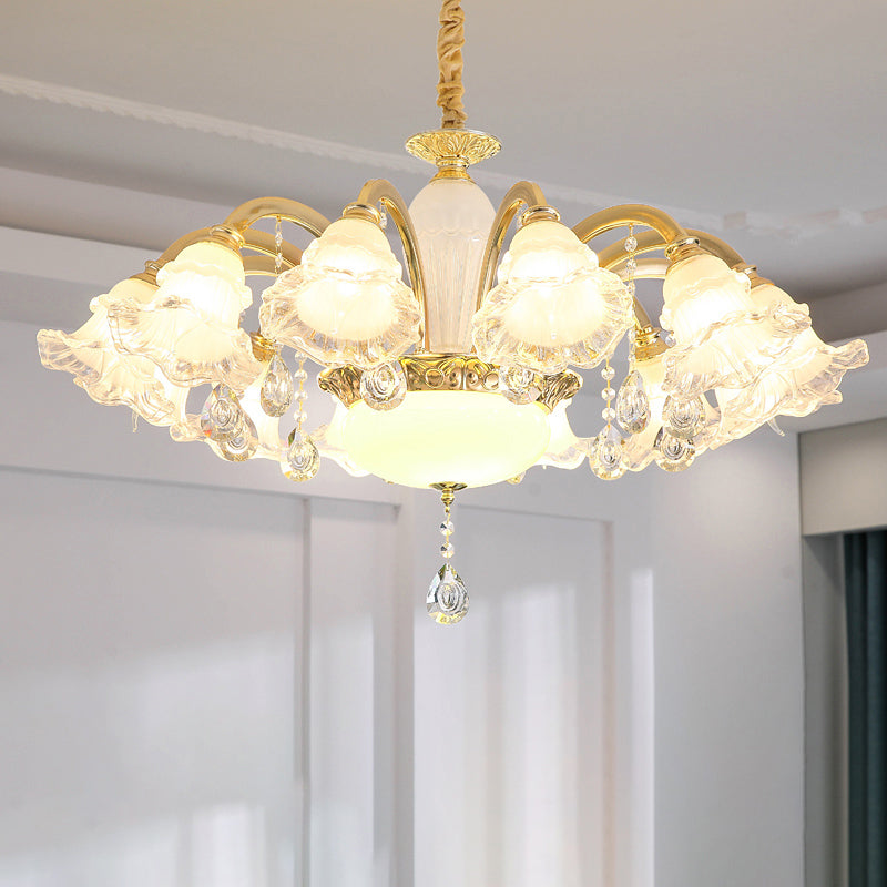 Gold Floral Shade Ceiling Lighting Traditional Ruffle Glass Living Room Chandelier Light with Crystal Draping Clearhalo 'Ceiling Lights' 'Chandeliers' Lighting' options 2205017