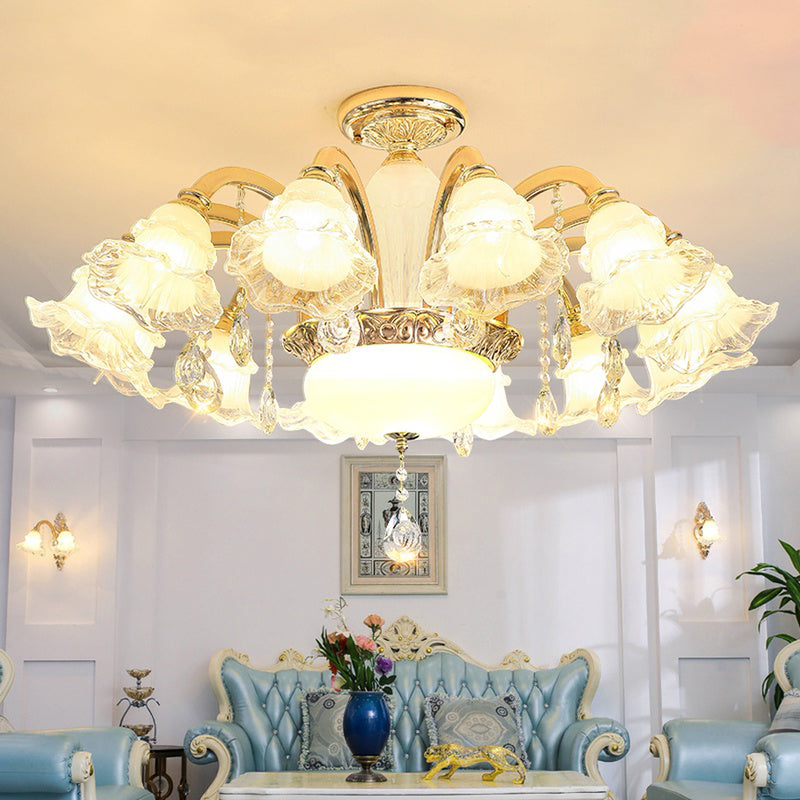 Gold Floral Shade Ceiling Lighting Traditional Ruffle Glass Living Room Chandelier Light with Crystal Draping Clearhalo 'Ceiling Lights' 'Chandeliers' Lighting' options 2205018