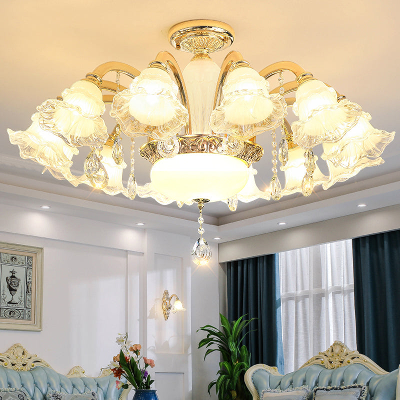 Gold Floral Shade Ceiling Lighting Traditional Ruffle Glass Living Room Chandelier Light with Crystal Draping Clearhalo 'Ceiling Lights' 'Chandeliers' Lighting' options 2205019