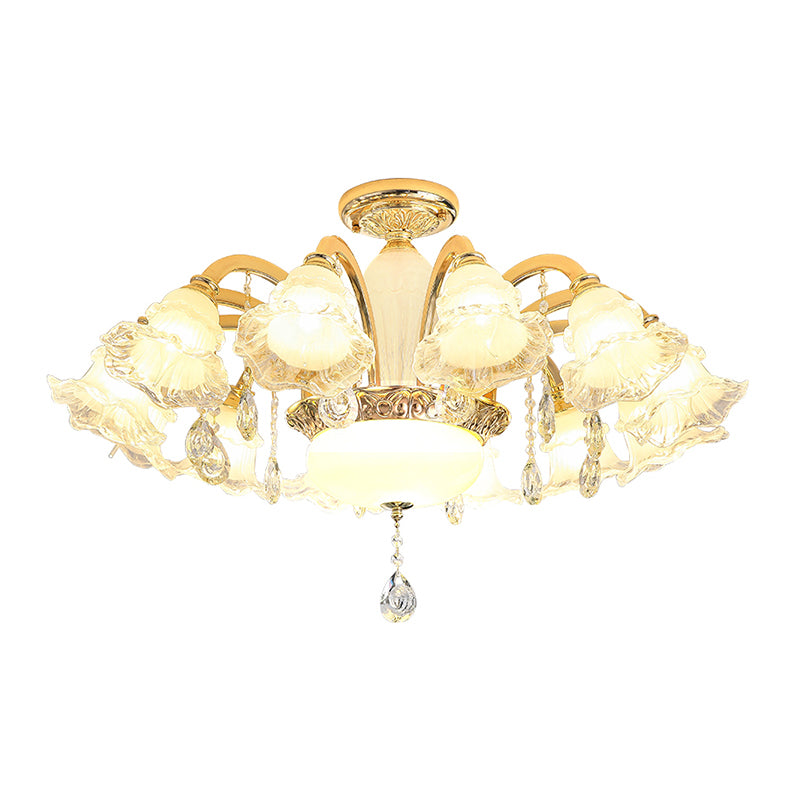 Gold Floral Shade Ceiling Lighting Traditional Ruffle Glass Living Room Chandelier Light with Crystal Draping Clearhalo 'Ceiling Lights' 'Chandeliers' Lighting' options 2205020