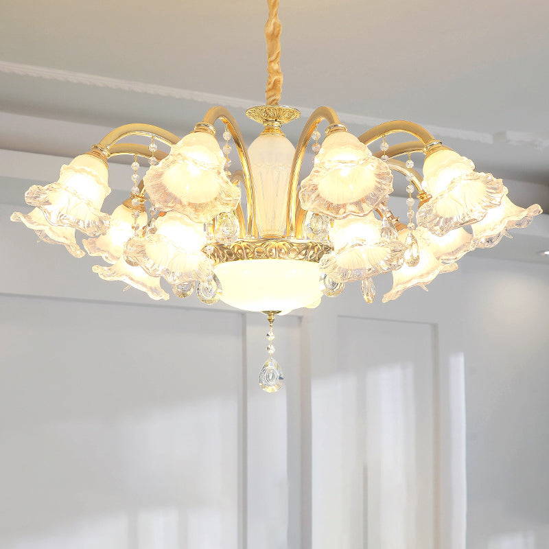 Gold Floral Shade Ceiling Lighting Traditional Ruffle Glass Living Room Chandelier Light with Crystal Draping Clearhalo 'Ceiling Lights' 'Chandeliers' Lighting' options 2205021