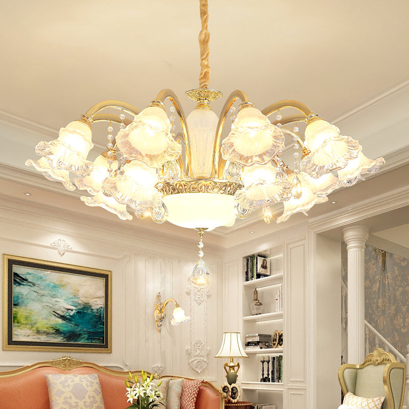 Gold Floral Shade Ceiling Lighting Traditional Ruffle Glass Living Room Chandelier Light with Crystal Draping Clearhalo 'Ceiling Lights' 'Chandeliers' Lighting' options 2205022