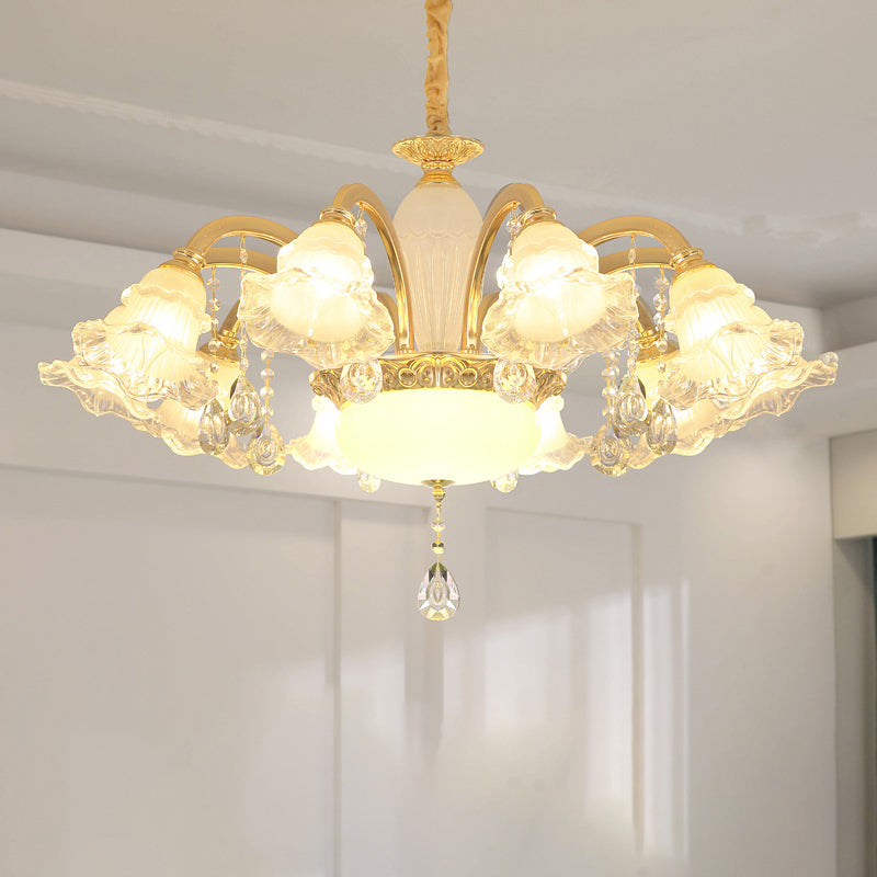 Gold Floral Shade Ceiling Lighting Traditional Ruffle Glass Living Room Chandelier Light with Crystal Draping Clearhalo 'Ceiling Lights' 'Chandeliers' Lighting' options 2205023