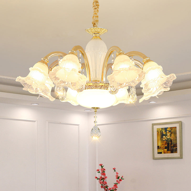 Gold Floral Shade Ceiling Lighting Traditional Ruffle Glass Living Room Chandelier Light with Crystal Draping Clearhalo 'Ceiling Lights' 'Chandeliers' Lighting' options 2205024