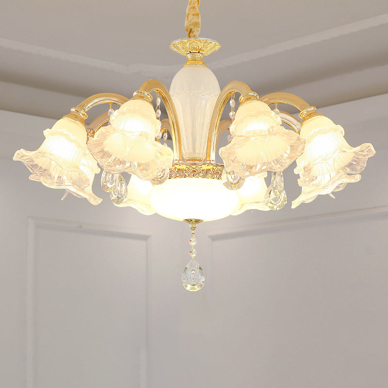 Gold Floral Shade Ceiling Lighting Traditional Ruffle Glass Living Room Chandelier Light with Crystal Draping Clearhalo 'Ceiling Lights' 'Chandeliers' Lighting' options 2205025