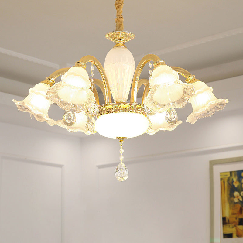 Gold Floral Shade Ceiling Lighting Traditional Ruffle Glass Living Room Chandelier Light with Crystal Draping Clearhalo 'Ceiling Lights' 'Chandeliers' Lighting' options 2205026