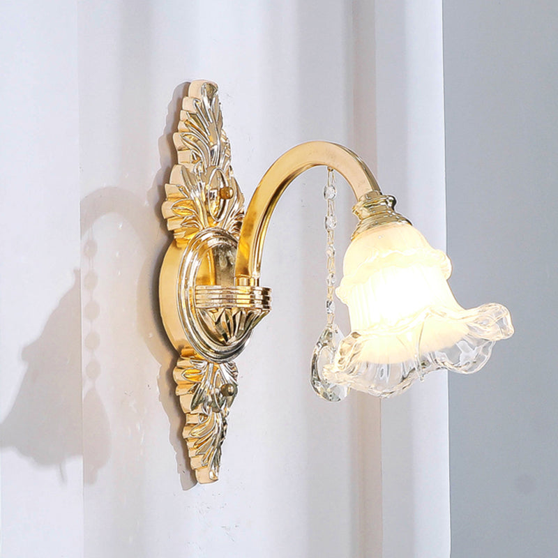 Gold Floral Shade Ceiling Lighting Traditional Ruffle Glass Living Room Chandelier Light with Crystal Draping Clearhalo 'Ceiling Lights' 'Chandeliers' Lighting' options 2205028