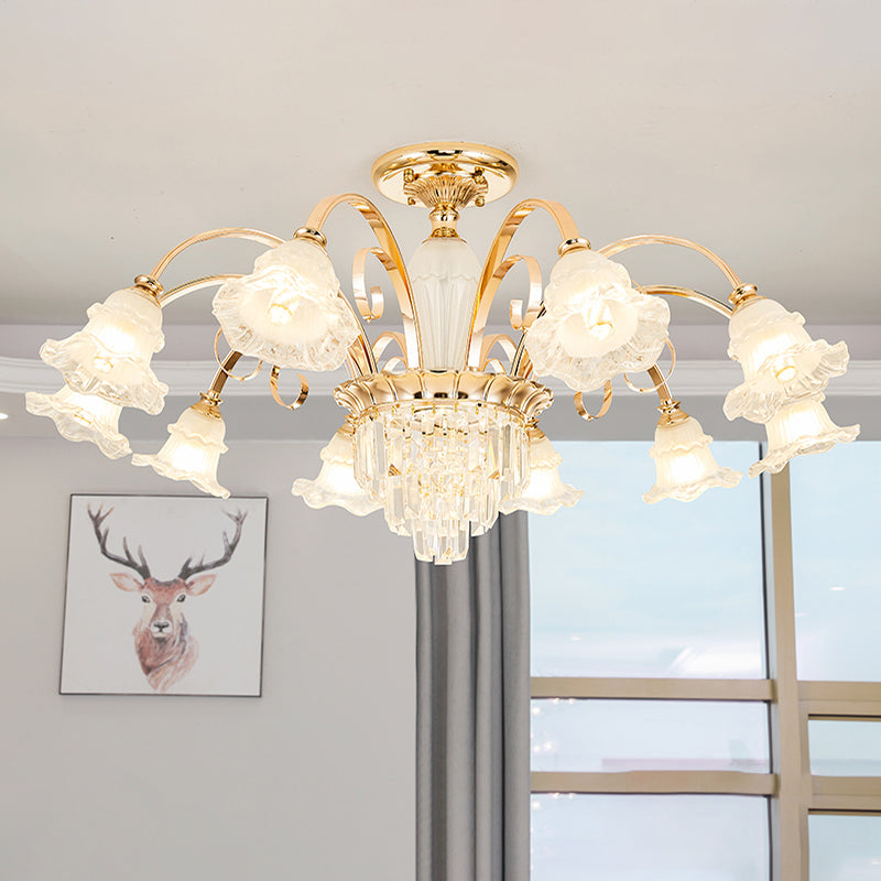 Retro Ruffled Bell Chandelier Light Clear Textured Glass Pendant Light Fixture with Tiered Crystal Accent Clearhalo 'Ceiling Lights' 'Chandeliers' Lighting' options 2205029