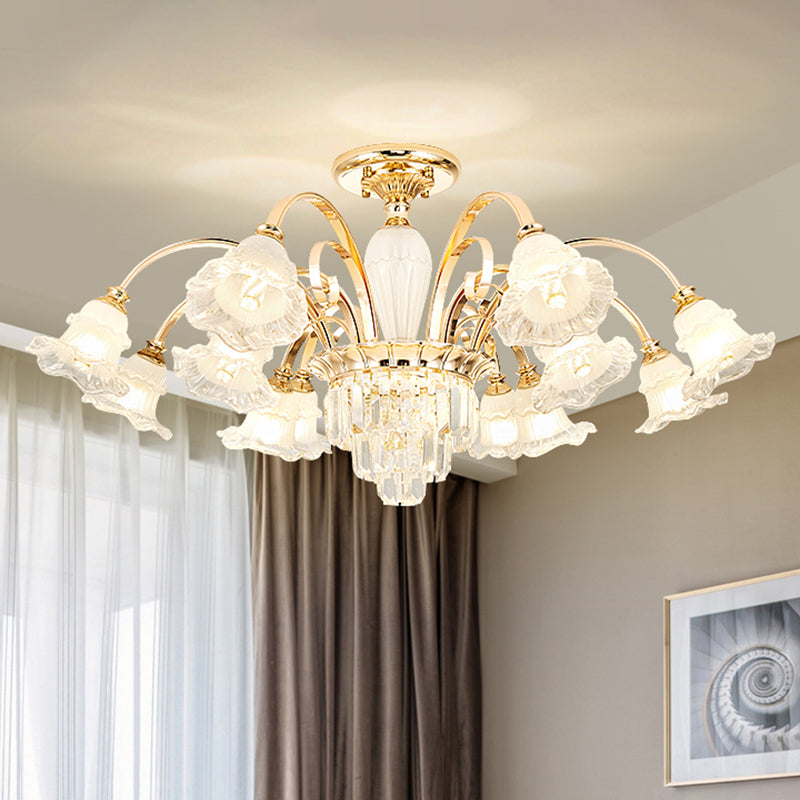 Retro Ruffled Bell Chandelier Light Clear Textured Glass Pendant Light Fixture with Tiered Crystal Accent Clearhalo 'Ceiling Lights' 'Chandeliers' Lighting' options 2205030