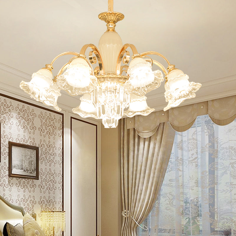 Retro Ruffled Bell Chandelier Light Clear Textured Glass Pendant Light Fixture with Tiered Crystal Accent 8 Clear Clearhalo 'Ceiling Lights' 'Chandeliers' Lighting' options 2205031_31593816-c41e-4e06-965e-16ef2c8114d1