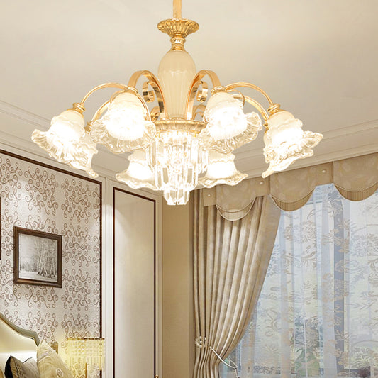 Retro Ruffled Bell Chandelier Light Clear Textured Glass Pendant Light Fixture with Tiered Crystal Accent Clearhalo 'Ceiling Lights' 'Chandeliers' Lighting' options 2205031