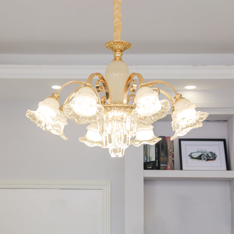 Retro Ruffled Bell Chandelier Light Clear Textured Glass Pendant Light Fixture with Tiered Crystal Accent Clearhalo 'Ceiling Lights' 'Chandeliers' Lighting' options 2205032