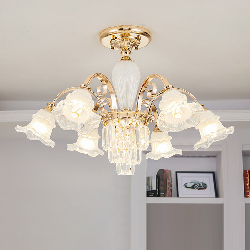 Retro Ruffled Bell Chandelier Light Clear Textured Glass Pendant Light Fixture with Tiered Crystal Accent Clearhalo 'Ceiling Lights' 'Chandeliers' Lighting' options 2205033