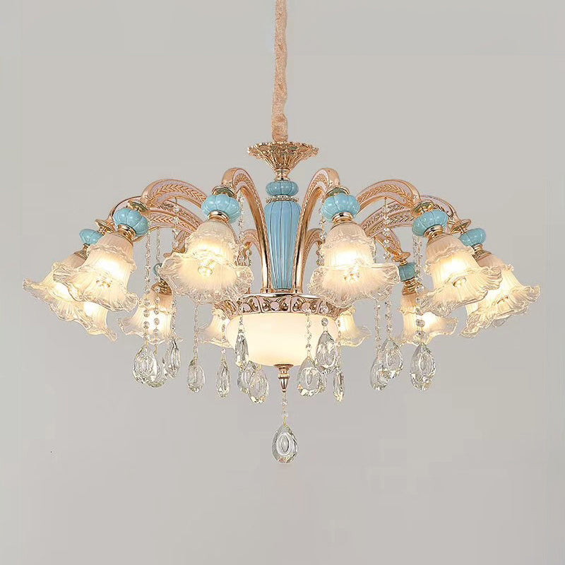 Textured Glass Blue Chandelier Pendant Light Flared Ruffle Vintage Hanging Light with Crystal Accent 12 Blue Clearhalo 'Ceiling Lights' 'Chandeliers' Lighting' options 2205034_1e33e5f5-f2dc-4343-abb8-494221268413