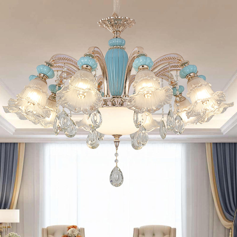 Textured Glass Blue Chandelier Pendant Light Flared Ruffle Vintage Hanging Light with Crystal Accent Clearhalo 'Ceiling Lights' 'Chandeliers' Lighting' options 2205035