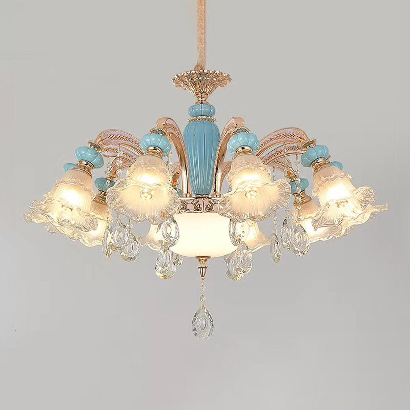 Textured Glass Blue Chandelier Pendant Light Flared Ruffle Vintage Hanging Light with Crystal Accent Clearhalo 'Ceiling Lights' 'Chandeliers' Lighting' options 2205036