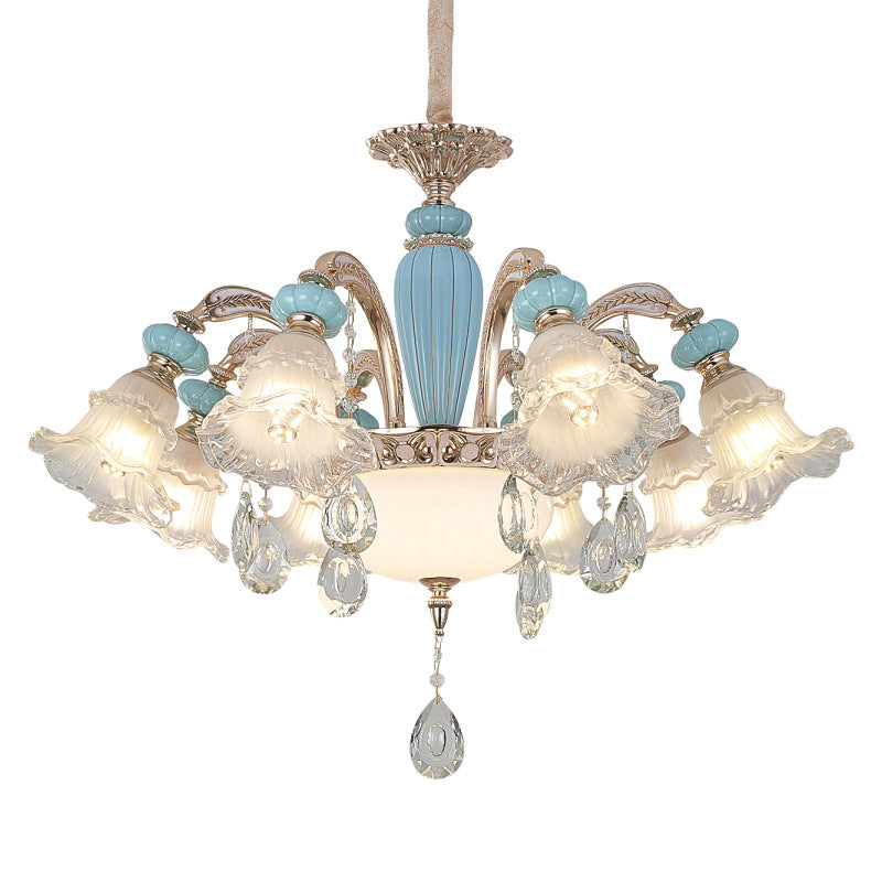 Textured Glass Blue Chandelier Pendant Light Flared Ruffle Vintage Hanging Light with Crystal Accent Clearhalo 'Ceiling Lights' 'Chandeliers' Lighting' options 2205037