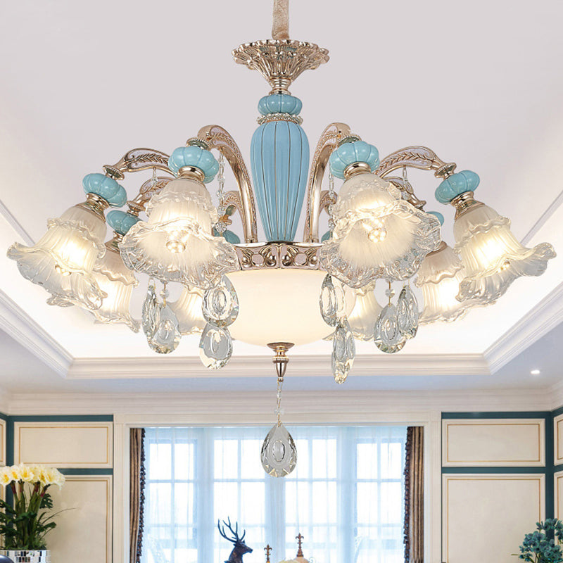 Textured Glass Blue Chandelier Pendant Light Flared Ruffle Vintage Hanging Light with Crystal Accent Clearhalo 'Ceiling Lights' 'Chandeliers' Lighting' options 2205038