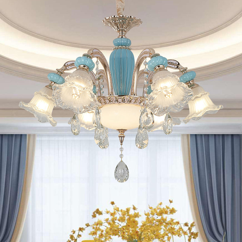 Textured Glass Blue Chandelier Pendant Light Flared Ruffle Vintage Hanging Light with Crystal Accent Clearhalo 'Ceiling Lights' 'Chandeliers' Lighting' options 2205040