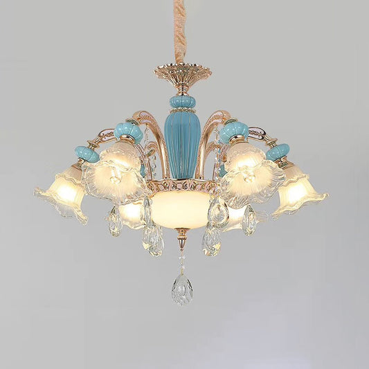 Textured Glass Blue Chandelier Pendant Light Flared Ruffle Vintage Hanging Light with Crystal Accent Clearhalo 'Ceiling Lights' 'Chandeliers' Lighting' options 2205041