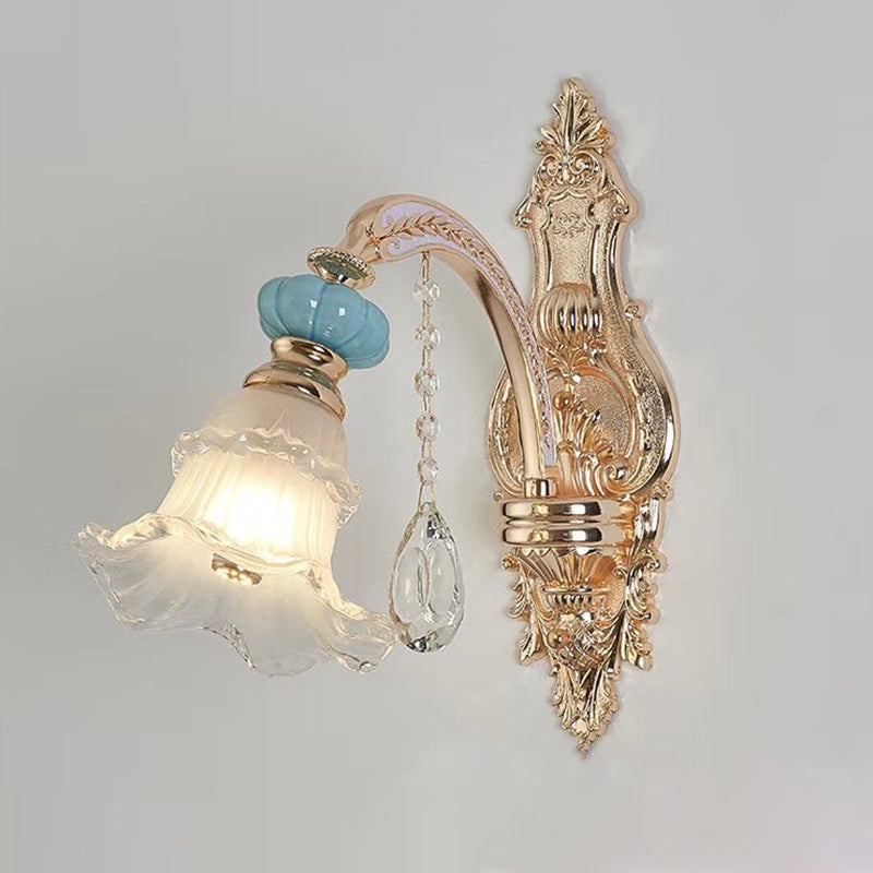 Textured Glass Blue Chandelier Pendant Light Flared Ruffle Vintage Hanging Light with Crystal Accent Clearhalo 'Ceiling Lights' 'Chandeliers' Lighting' options 2205043