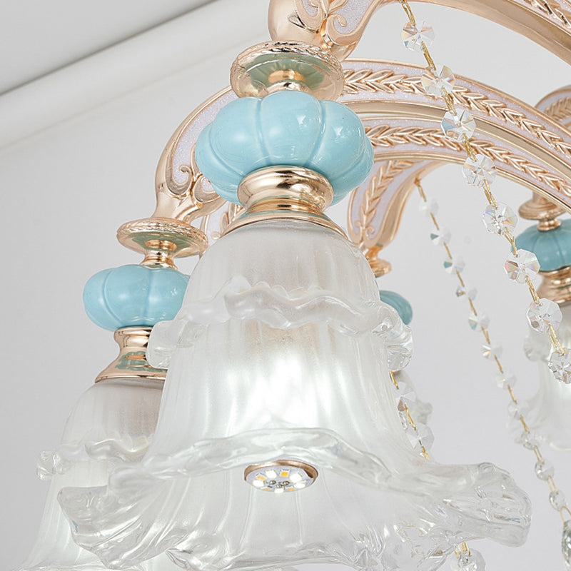 Textured Glass Blue Chandelier Pendant Light Flared Ruffle Vintage Hanging Light with Crystal Accent Clearhalo 'Ceiling Lights' 'Chandeliers' Lighting' options 2205044