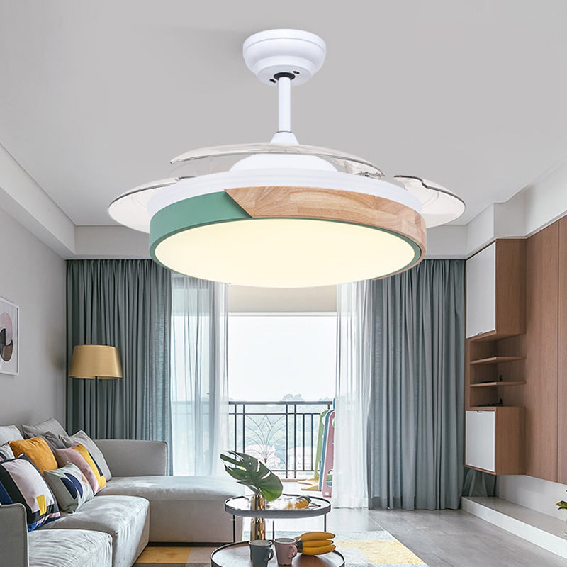 Wood Circular Semi Flush Mount Light Nordic Style LED Yellow/Pink Ceiling Fan Light with Acrylic Diffuser Green Clearhalo 'Ceiling Fans with Lights' 'Ceiling Fans' 'Kids Ceiling Fans' 'Kids' Lighting' 220527