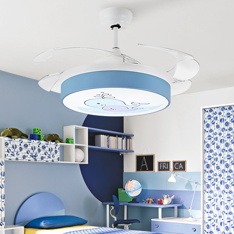 Circular Aluminum Ceiling Fan Lamp Macaron Style LED Blue/Pink Semi-Flush Mount Light for Children Room Blue Clearhalo 'Ceiling Fans with Lights' 'Ceiling Fans' 'Kids Ceiling Fans' 'Kids' Lighting' 220551