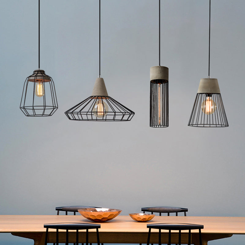 Caged Dining Room Suspension Light Metallic Single Minimalist Pendant Light with Cement Top in Grey Clearhalo 'Ceiling Lights' 'Modern Pendants' 'Modern' 'Pendant Lights' 'Pendants' Lighting' 2205542