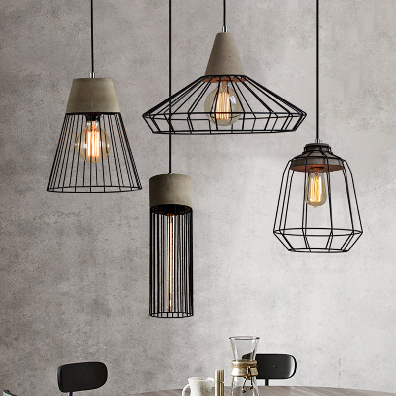 Caged Dining Room Suspension Light Metallic Single Minimalist Pendant Light with Cement Top in Grey Clearhalo 'Ceiling Lights' 'Modern Pendants' 'Modern' 'Pendant Lights' 'Pendants' Lighting' 2205545