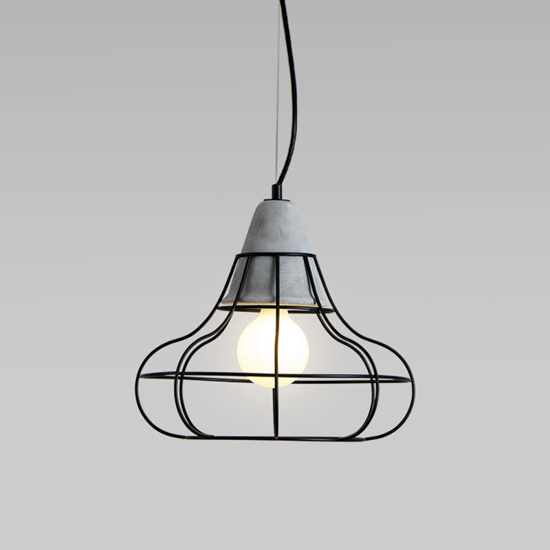 Caged Dining Room Suspension Light Metallic Single Minimalist Pendant Light with Cement Top in Grey Grey Gourd Clearhalo 'Ceiling Lights' 'Modern Pendants' 'Modern' 'Pendant Lights' 'Pendants' Lighting' 2205549