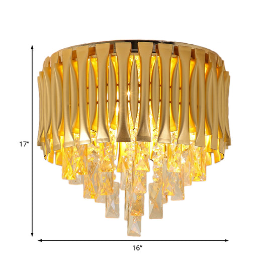 Drum Ceiling Light Fixture Modern Metal Shade 5 Lights Brass Flush Mount Light with Crystal Block Drop Clearhalo 'Ceiling Lights' 'Close To Ceiling Lights' 'Close to ceiling' 'Flush mount' Lighting' 220606