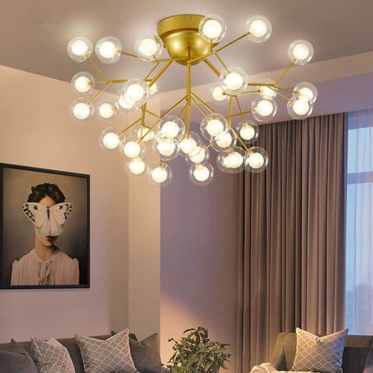 Nordic Firefly LED Semi Flush Light Glass Dining Room Flush Mount Ceiling Chandelier in Gold Clearhalo 'Ceiling Lights' 'Close To Ceiling Lights' 'Close to ceiling' 'Semi-flushmount' Lighting' 2206088