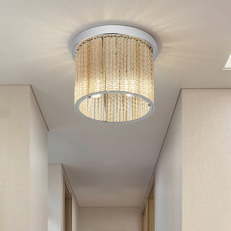 Modern Cylinder Ceiling Light Spiral Glass Rod 2 Lights Balcony Flush Mount Light in Chrome with Crystal Drop, 7"/10" Wide Chrome 7" Clearhalo 'Ceiling Lights' 'Close To Ceiling Lights' 'Close to ceiling' 'Flush mount' Lighting' 220615