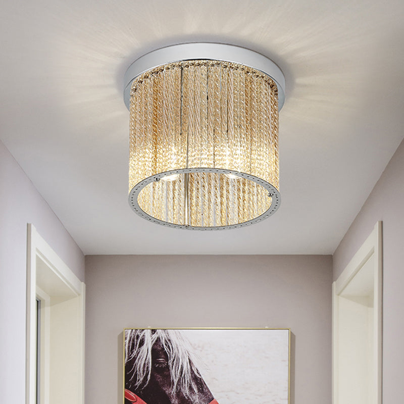 Modern Cylinder Ceiling Light Spiral Glass Rod 2 Lights Balcony Flush Mount Light in Chrome with Crystal Drop, 7"/10" Wide Clearhalo 'Ceiling Lights' 'Close To Ceiling Lights' 'Close to ceiling' 'Flush mount' Lighting' 220616