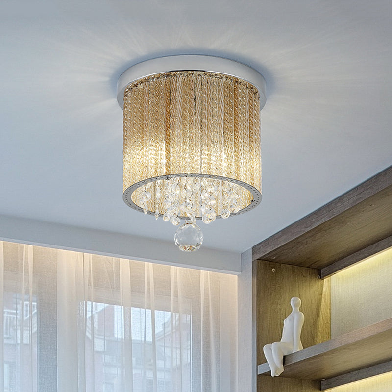 Modern Cylinder Ceiling Light Spiral Glass Rod 2 Lights Balcony Flush Mount Light in Chrome with Crystal Drop, 7"/10" Wide Chrome 10" Clearhalo 'Ceiling Lights' 'Close To Ceiling Lights' 'Close to ceiling' 'Flush mount' Lighting' 220619