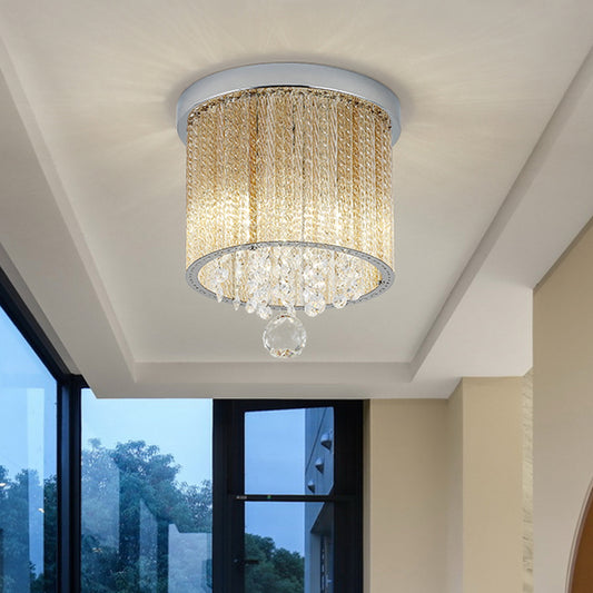 Modern Cylinder Ceiling Light Spiral Glass Rod 2 Lights Balcony Flush Mount Light in Chrome with Crystal Drop, 7"/10" Wide Clearhalo 'Ceiling Lights' 'Close To Ceiling Lights' 'Close to ceiling' 'Flush mount' Lighting' 220620