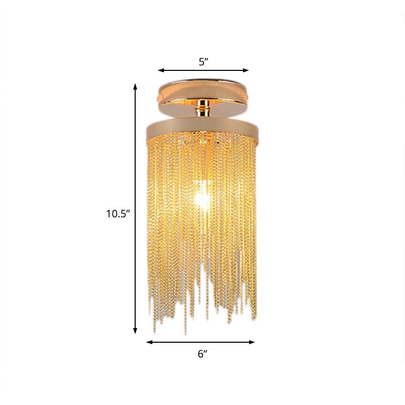 Cylinder Semi Flush Mount Light Modern Crystal Strand 1 Light Blue/Green/Chrome Ceiling Light Clearhalo 'Ceiling Lights' 'Close To Ceiling Lights' 'Close to ceiling' 'Semi-flushmount' Lighting' 220669