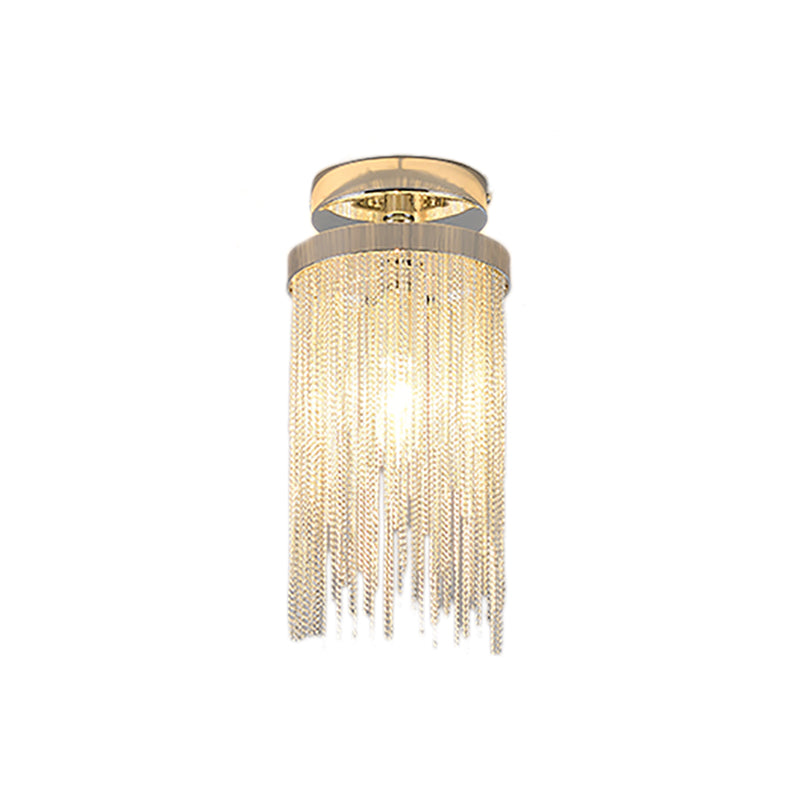 Cylinder Semi Flush Mount Light Modern Crystal Strand 1 Light Blue/Green/Chrome Ceiling Light Clearhalo 'Ceiling Lights' 'Close To Ceiling Lights' 'Close to ceiling' 'Semi-flushmount' Lighting' 220672