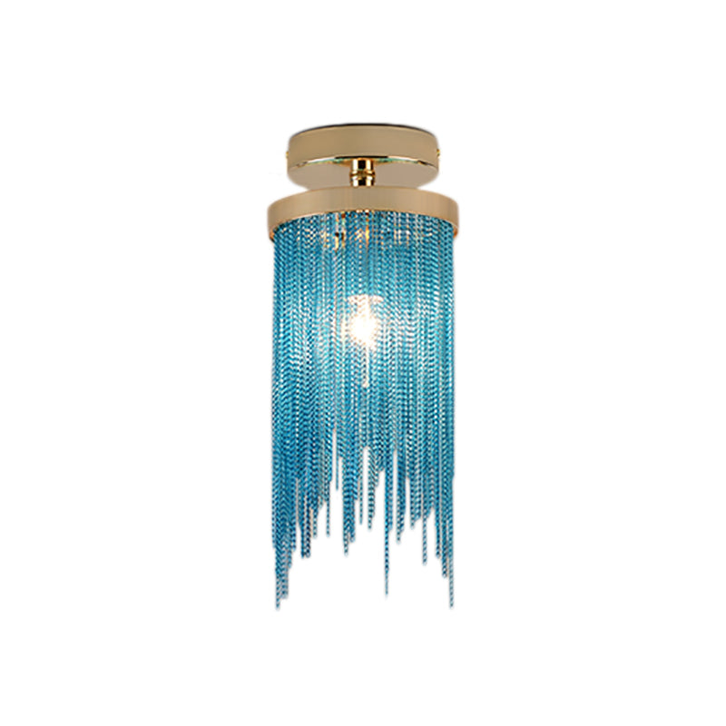 Cylinder Semi Flush Mount Light Modern Crystal Strand 1 Light Blue/Green/Chrome Ceiling Light Clearhalo 'Ceiling Lights' 'Close To Ceiling Lights' 'Close to ceiling' 'Semi-flushmount' Lighting' 220675