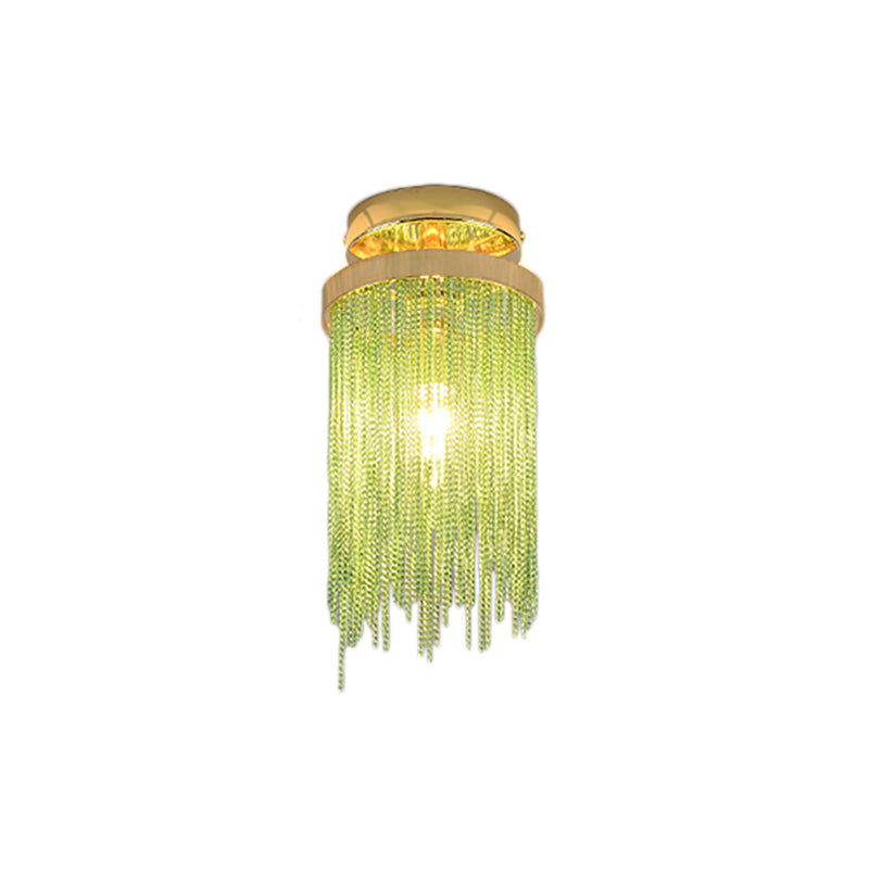 Cylinder Semi Flush Mount Light Modern Crystal Strand 1 Light Blue/Green/Chrome Ceiling Light Clearhalo 'Ceiling Lights' 'Close To Ceiling Lights' 'Close to ceiling' 'Semi-flushmount' Lighting' 220678