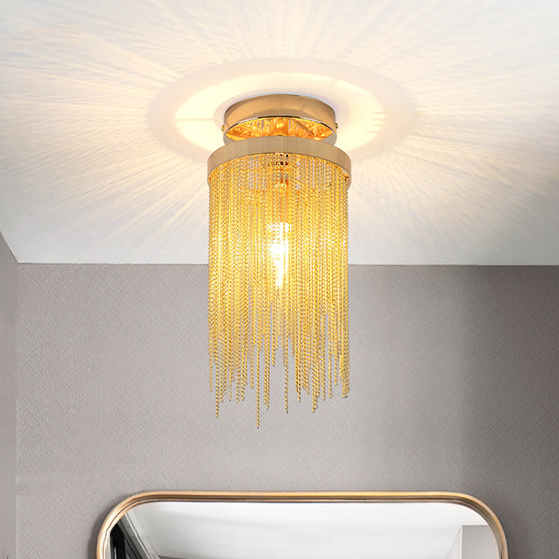 Cylinder Semi Flush Mount Light Modern Crystal Strand 1 Light Blue/Green/Chrome Ceiling Light Gold Clearhalo 'Ceiling Lights' 'Close To Ceiling Lights' 'Close to ceiling' 'Semi-flushmount' Lighting' 220680