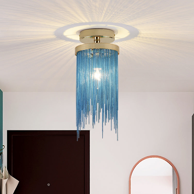 Cylinder Semi Flush Mount Light Modern Crystal Strand 1 Light Blue/Green/Chrome Ceiling Light Blue Clearhalo 'Ceiling Lights' 'Close To Ceiling Lights' 'Close to ceiling' 'Semi-flushmount' Lighting' 220682