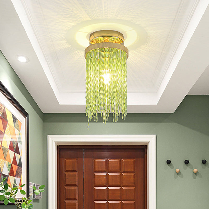 Cylinder Semi Flush Mount Light Modern Crystal Strand 1 Light Blue/Green/Chrome Ceiling Light Green Clearhalo 'Ceiling Lights' 'Close To Ceiling Lights' 'Close to ceiling' 'Semi-flushmount' Lighting' 220684