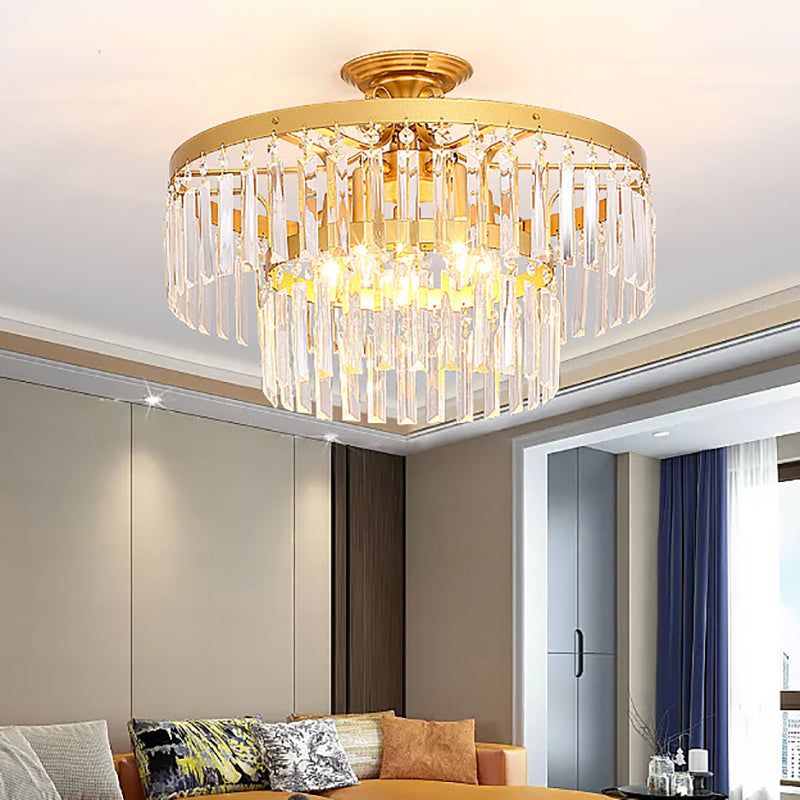 Modern 2 Tiers Semi Flush Mount Light Tri-Sided Crystal Rod 5 Lights Living Room Ceiling Fixture in Black/Gold Clearhalo 'Ceiling Lights' 'Close To Ceiling Lights' 'Close to ceiling' 'Semi-flushmount' Lighting' 220690