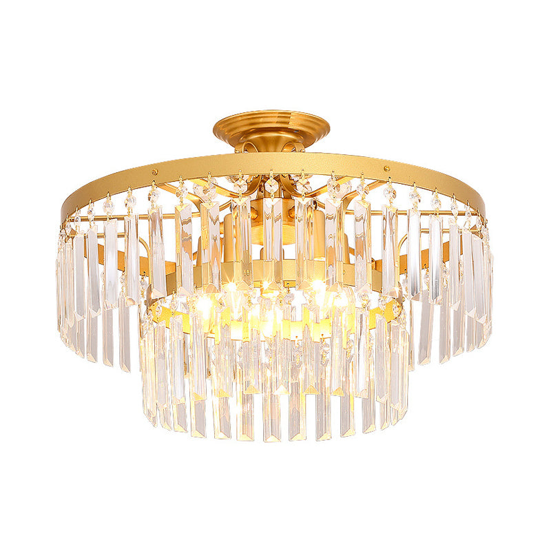 Modern 2 Tiers Semi Flush Mount Light Tri-Sided Crystal Rod 5 Lights Living Room Ceiling Fixture in Black/Gold Clearhalo 'Ceiling Lights' 'Close To Ceiling Lights' 'Close to ceiling' 'Semi-flushmount' Lighting' 220692